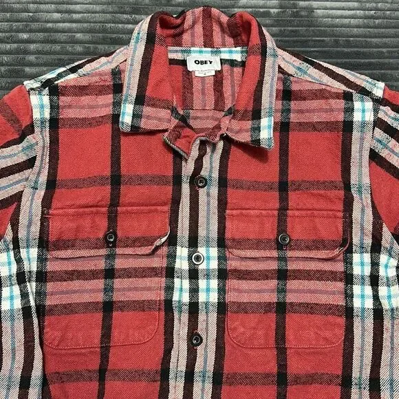 Obey Plaid Thick Flannel Stephan Shirt Jacket Long Sleeve Button Down Medium - Picture 2 of 9